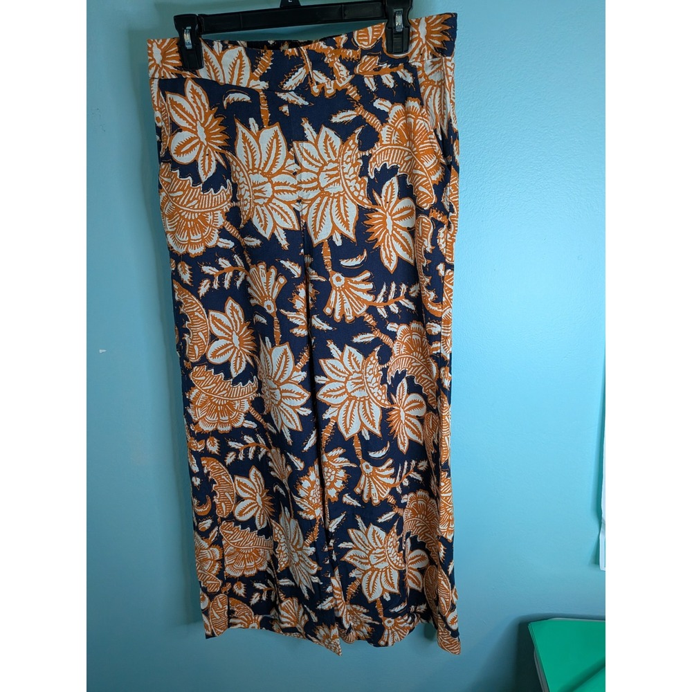 Christian Siriano New York Linen Blend Wide Leg Floral Pants‎ Navy Orange Medium
